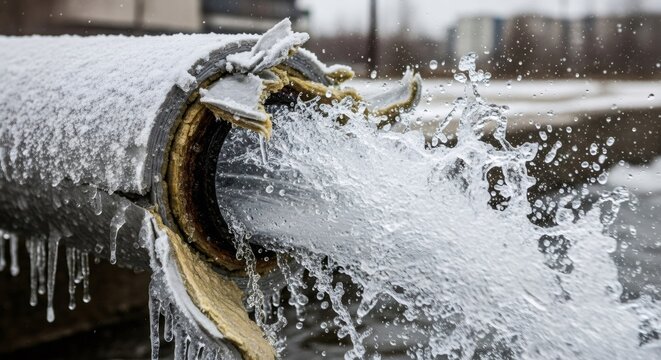 Frozen outdoor pipe bursting in Long Island winter